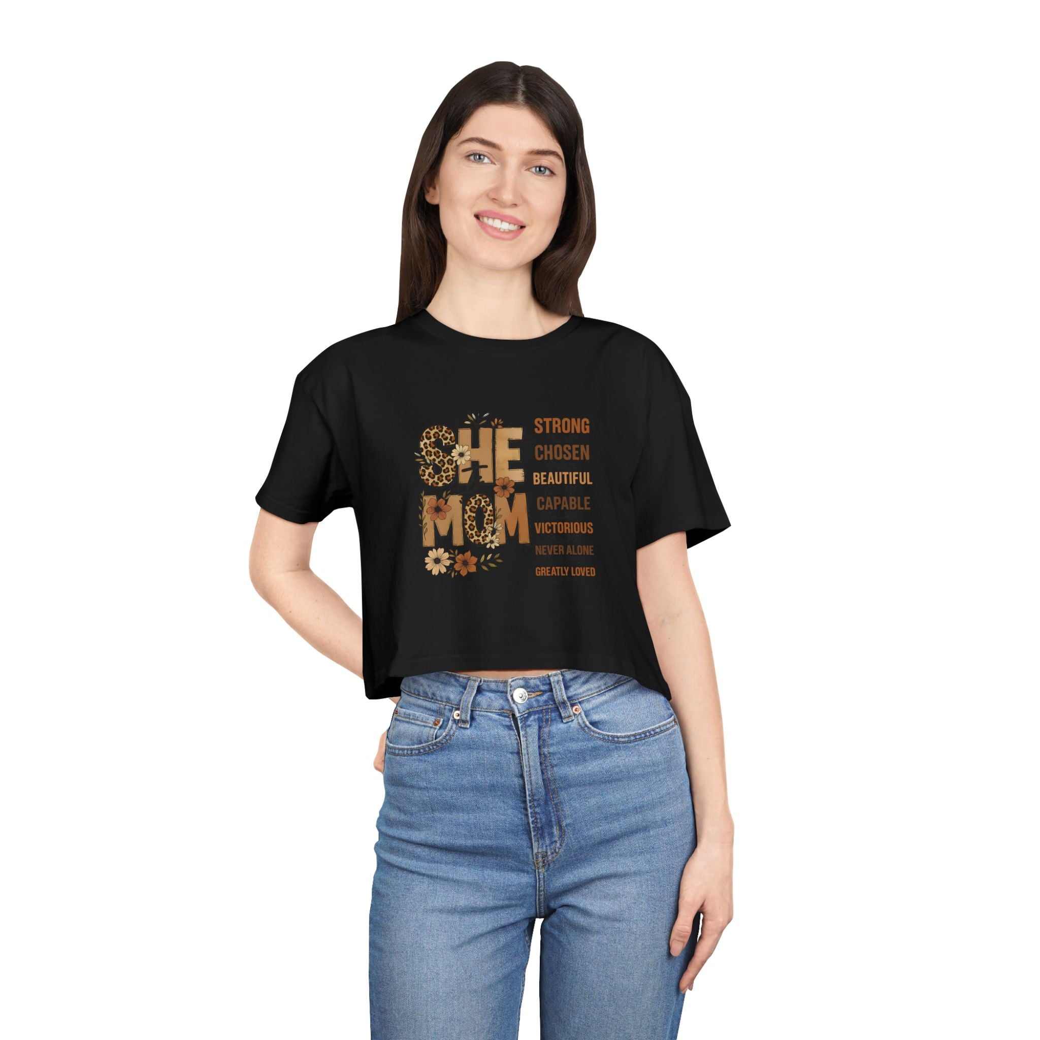 He Mom Flower Graphic Crop Tee — Strong Chosen Beautiful Inspirational Women’s Top