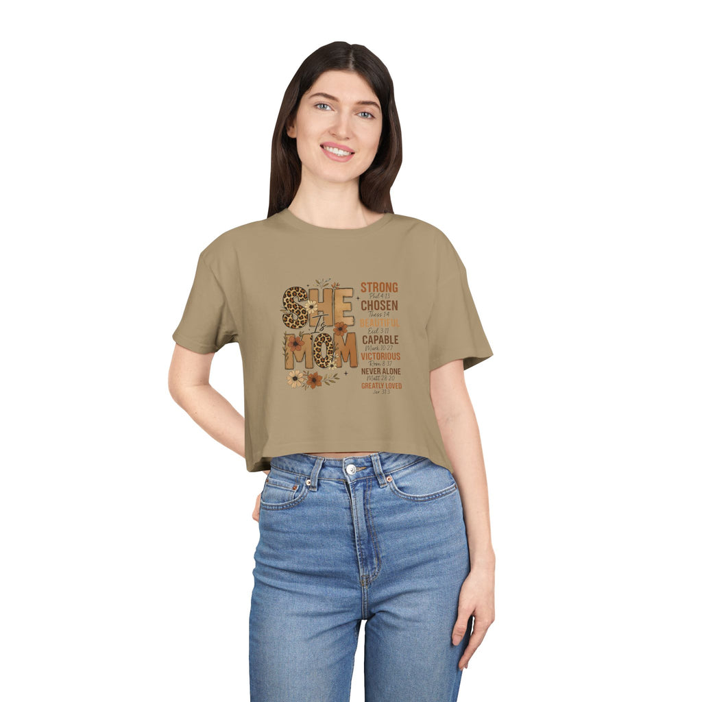 He Mom Flower Graphic Crop Tee — Strong Chosen Beautiful Inspirational Women’s Top
