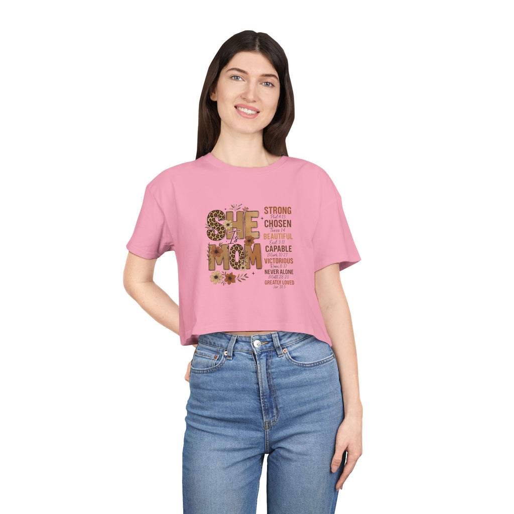He Mom Flower Graphic Crop Tee — Strong Chosen Beautiful Inspirational Women’s Top