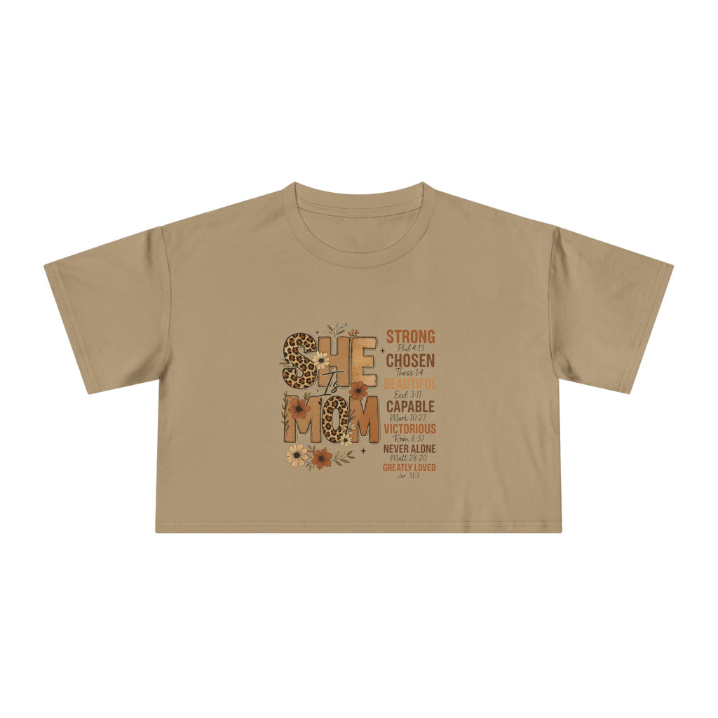 He Mom Flower Graphic Crop Tee — Strong Chosen Beautiful Inspirational Women’s Top