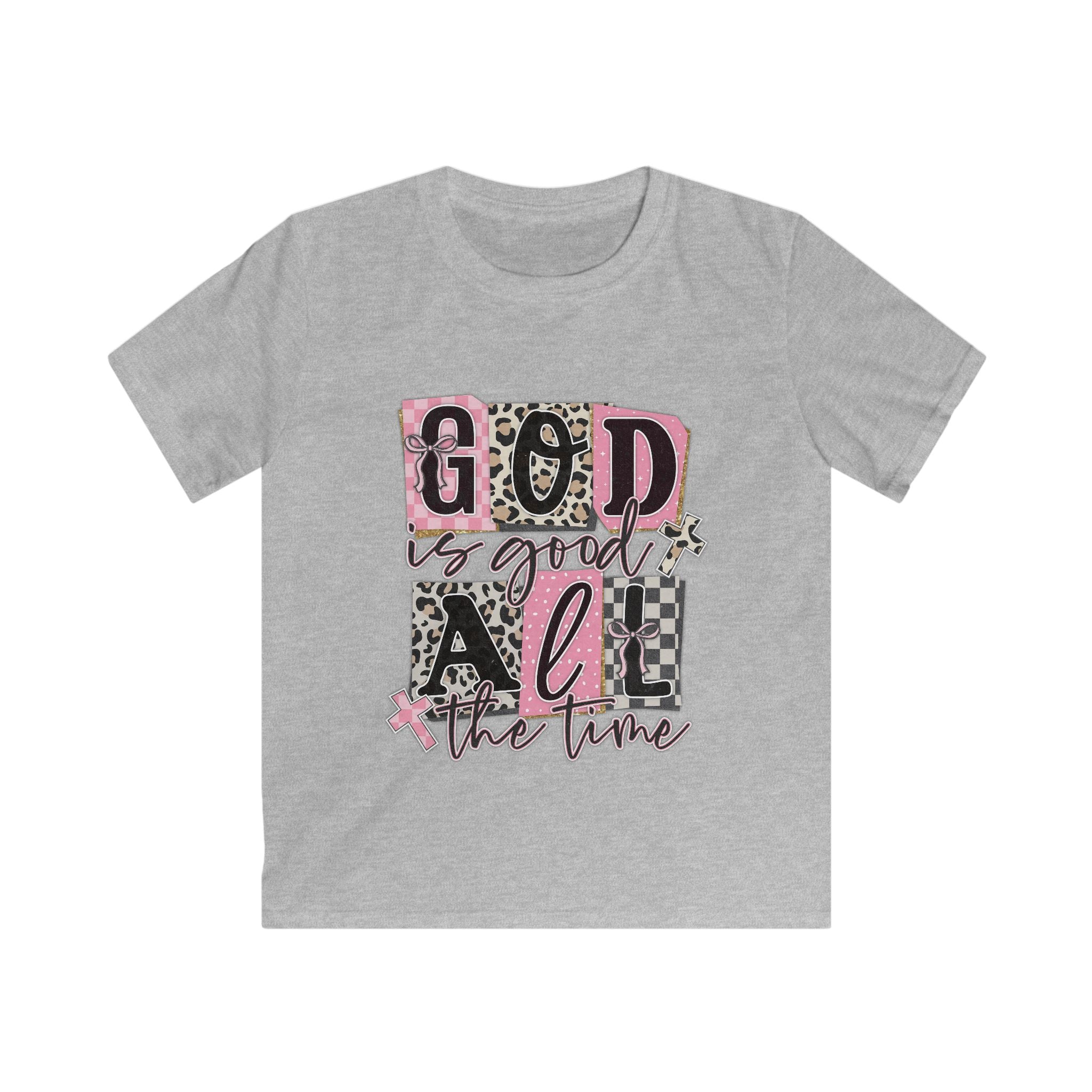Kids Tee — "God Is Good All The Time" Pink Leopard Faith Shirt