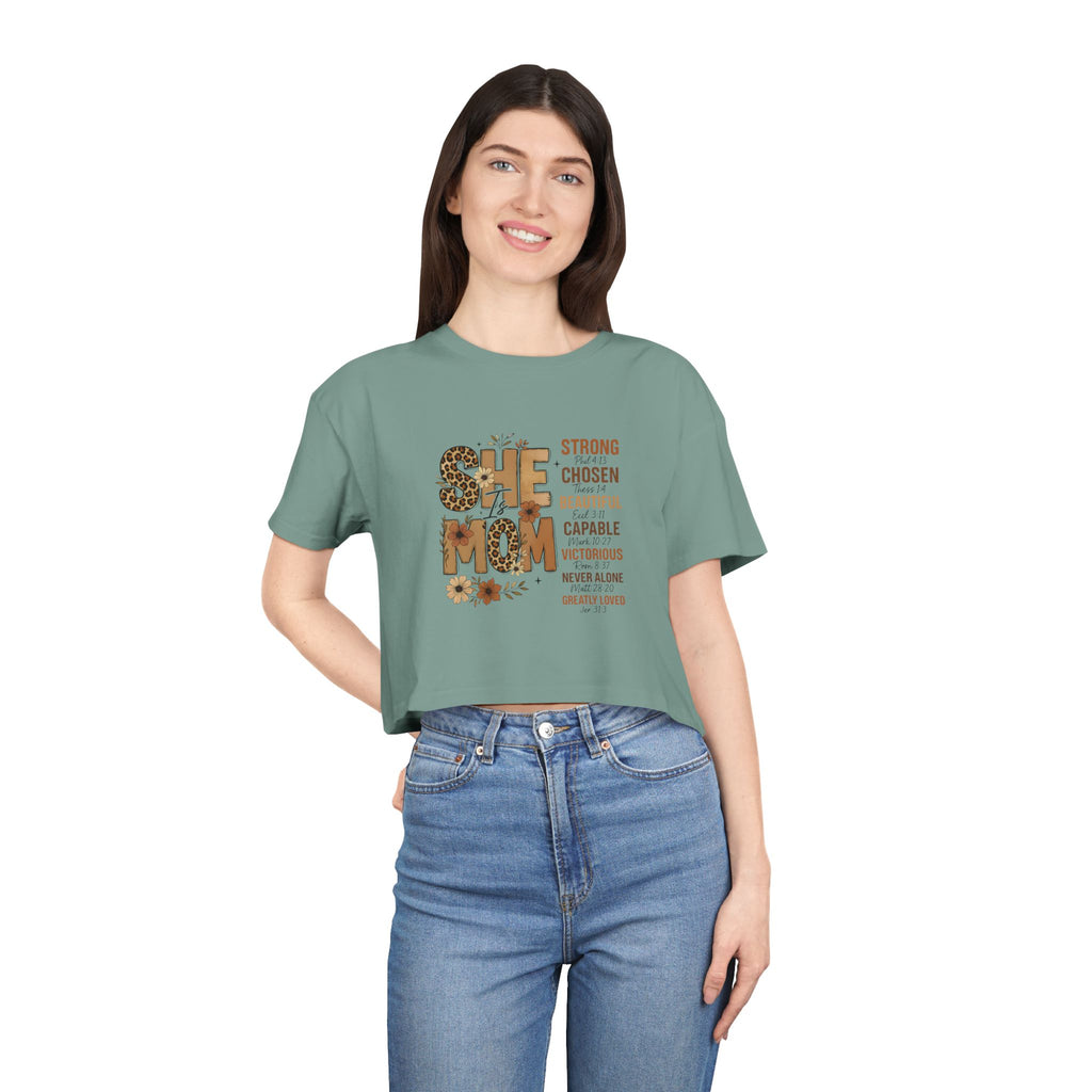 He Mom Flower Graphic Crop Tee — Strong Chosen Beautiful Inspirational Women’s Top