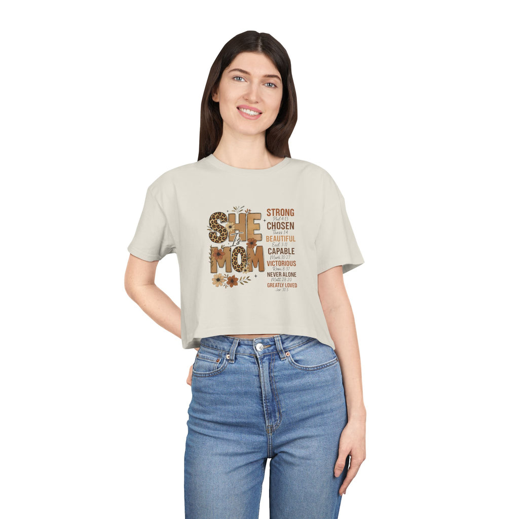 He Mom Flower Graphic Crop Tee — Strong Chosen Beautiful Inspirational Women’s Top