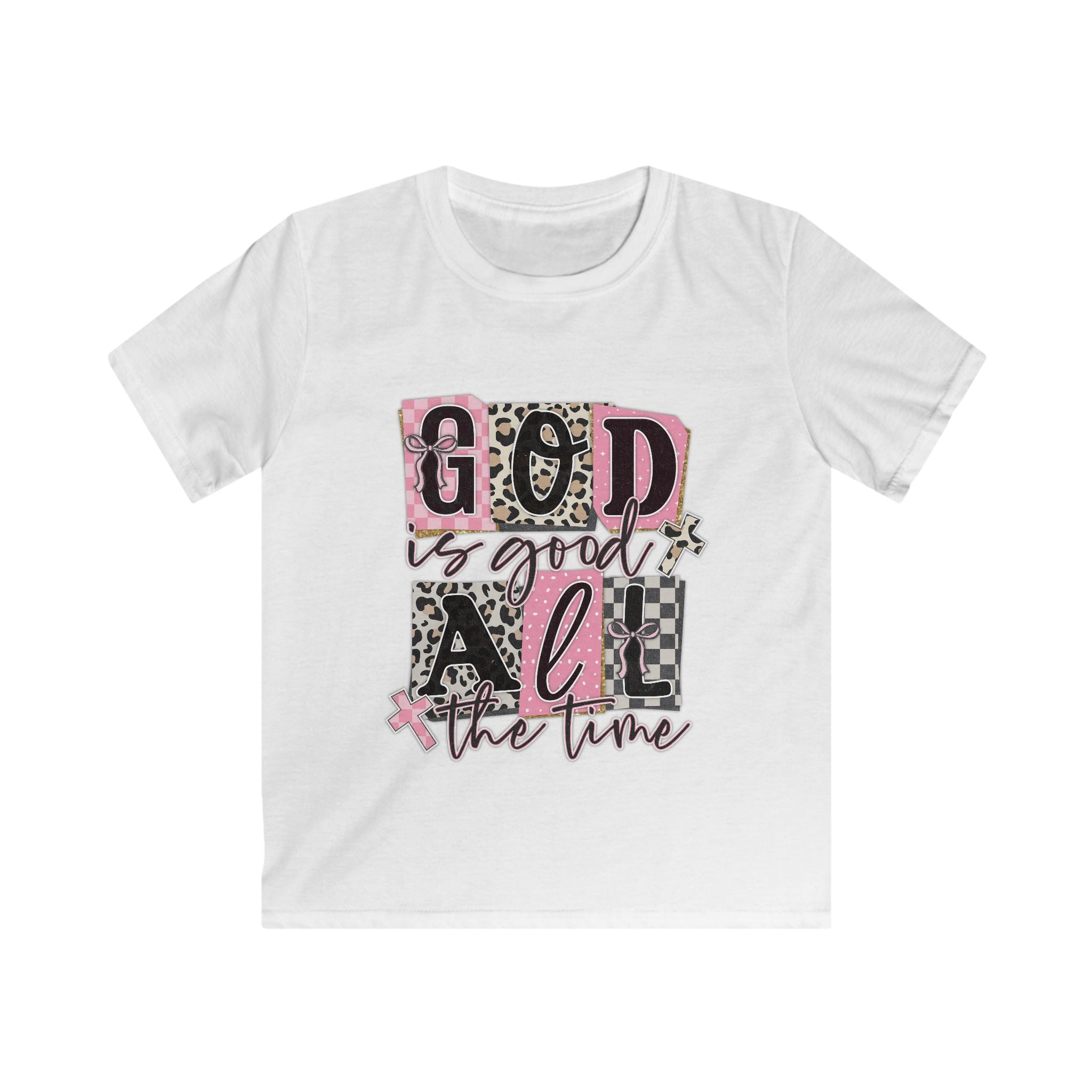 Kids Tee — "God Is Good All The Time" Pink Leopard Faith Shirt
