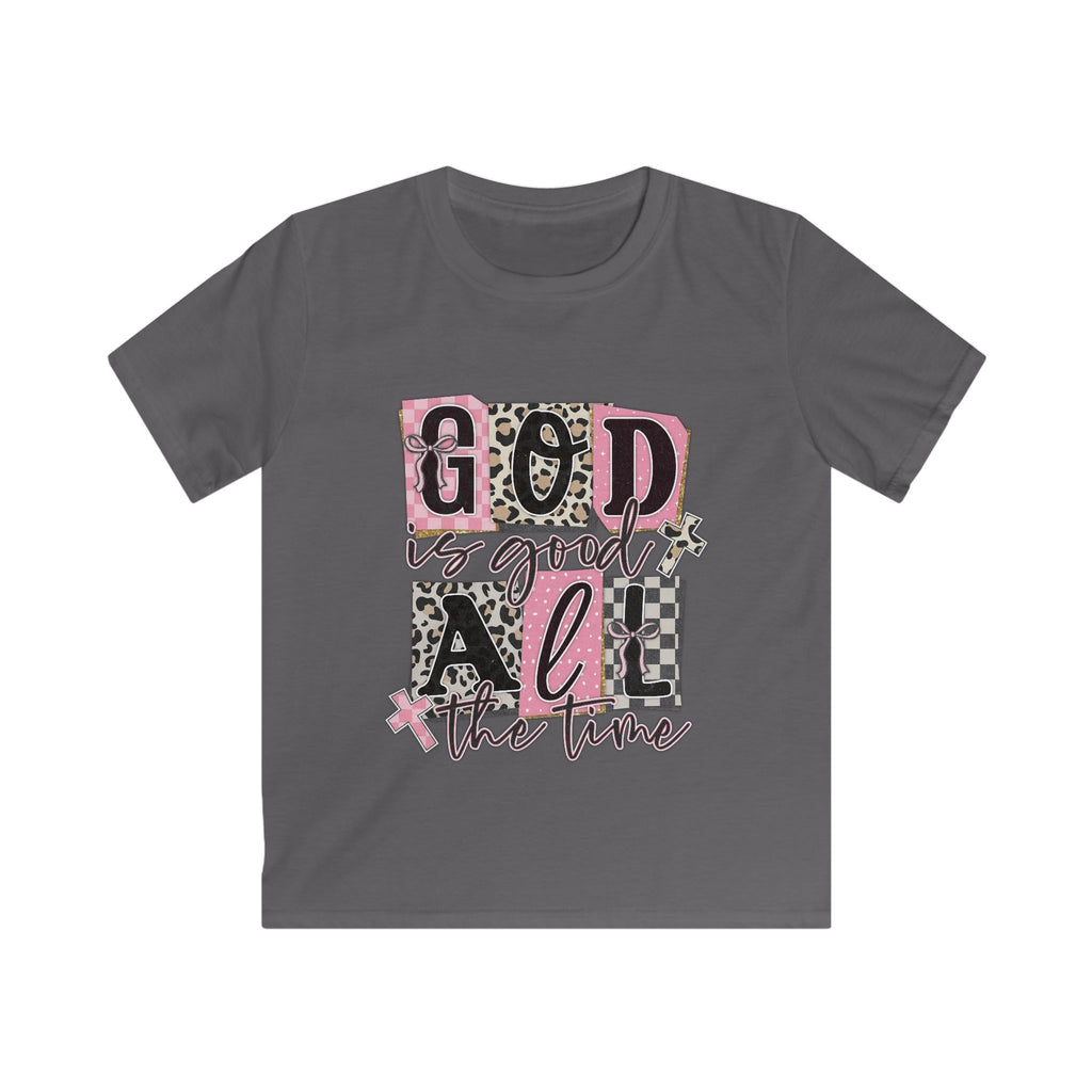 Kids Tee — "God Is Good All The Time" Pink Leopard Faith Shirt