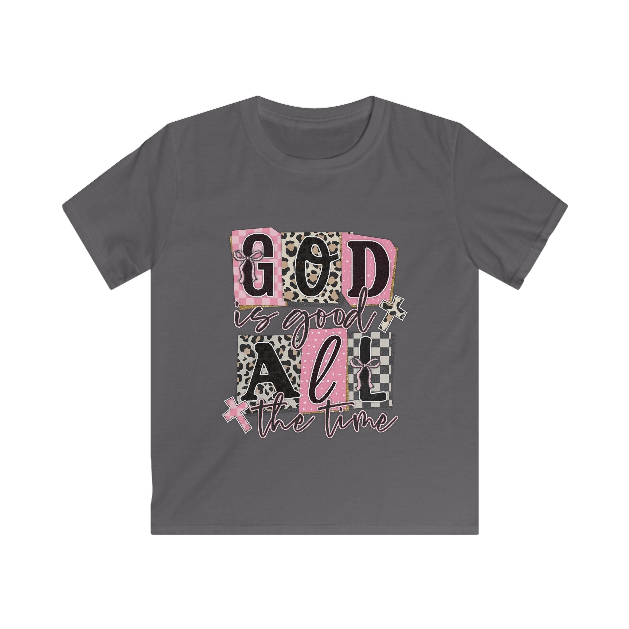 Kids Tee — "God Is Good All The Time" Pink Leopard Faith Shirt