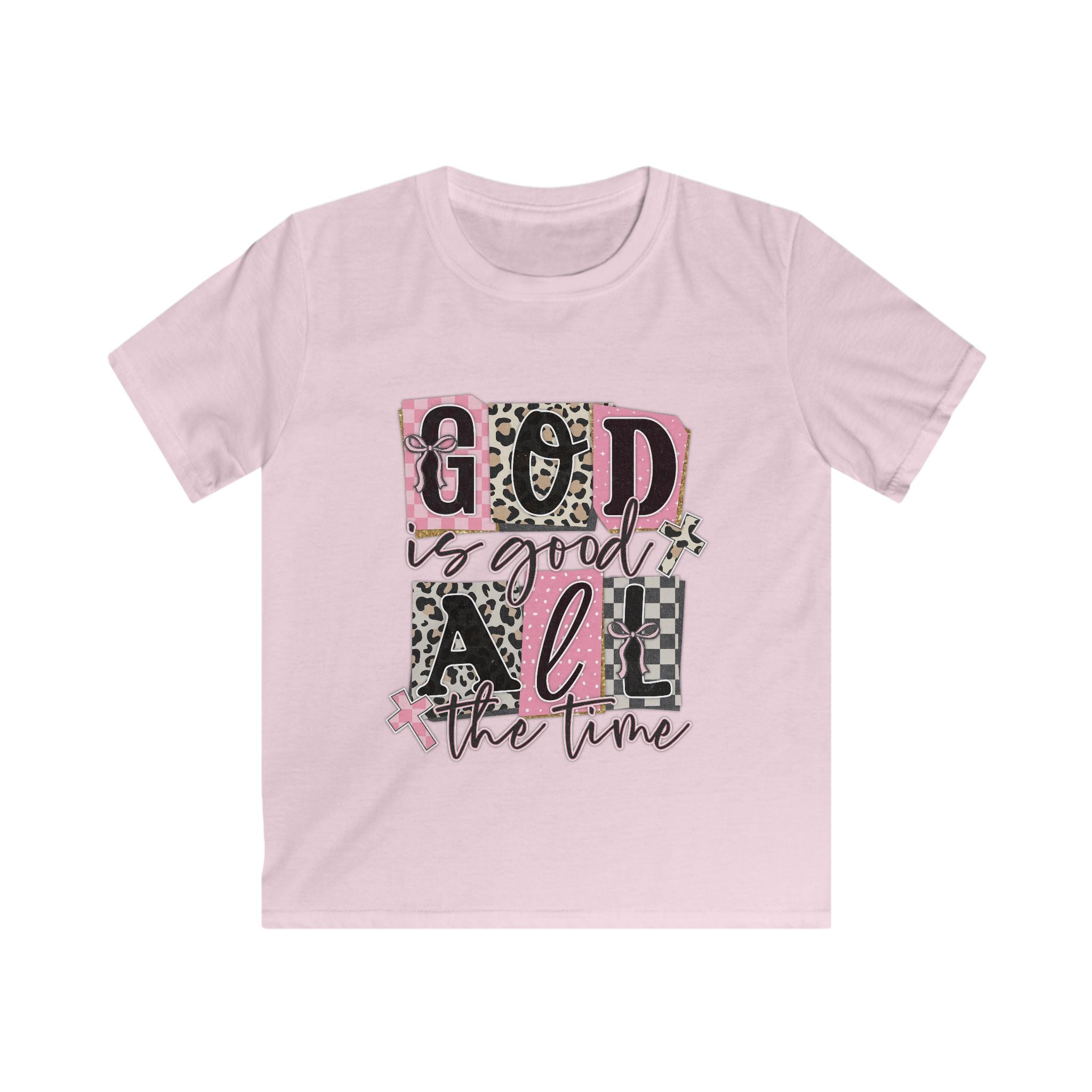 Kids Tee — "God Is Good All The Time" Pink Leopard Faith Shirt