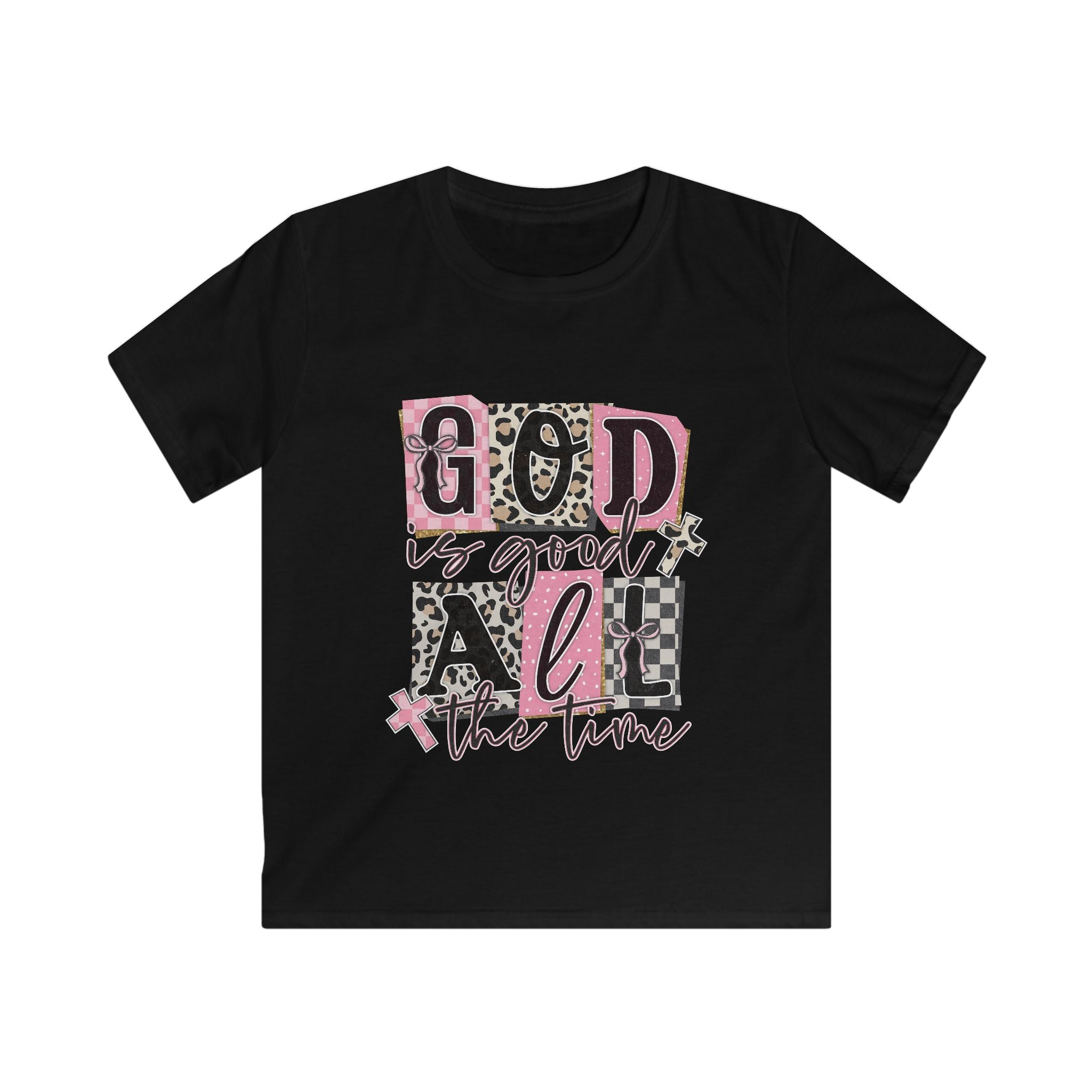 Kids Tee — "God Is Good All The Time" Pink Leopard Faith Shirt