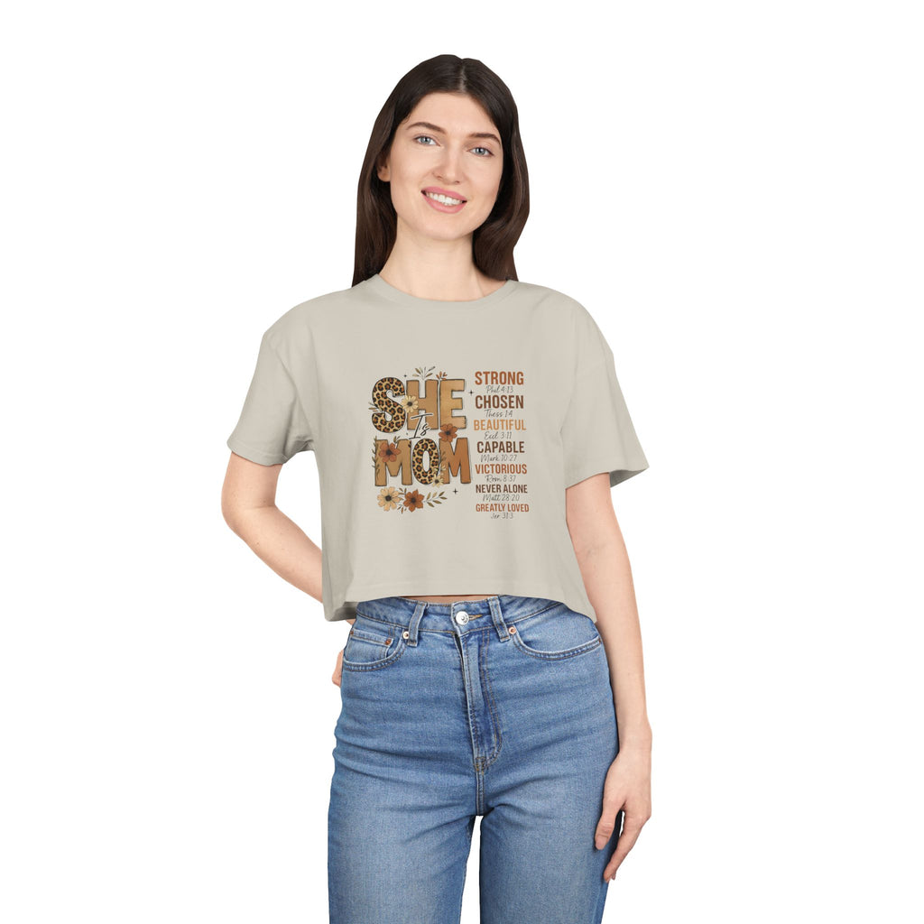 He Mom Flower Graphic Crop Tee — Strong Chosen Beautiful Inspirational Women’s Top