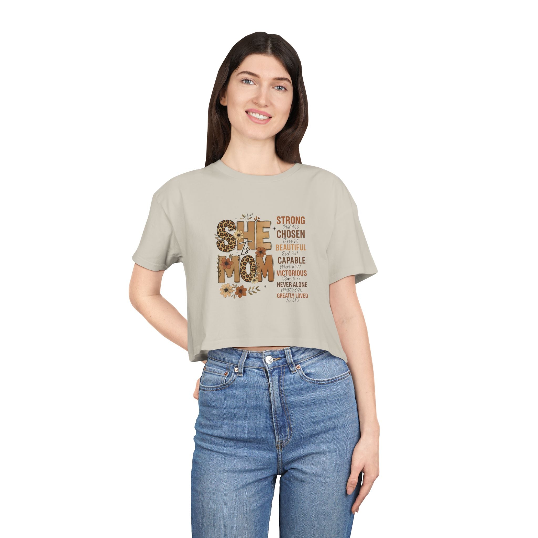 He Mom Flower Graphic Crop Tee — Strong Chosen Beautiful Inspirational Women’s Top